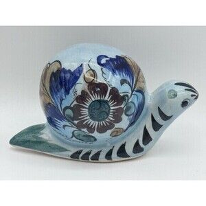 Vintage Tonala Mexican Art Snail Figurine With Flower And Butterfly Details